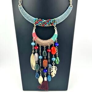 Boho Ecclectic Fringe Beaded Charm Multicolor Crescent 17" Statement Necklace